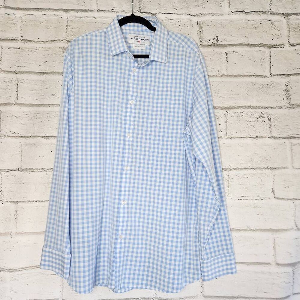 Mizzen+Main Leeward Mens Blue Plaid Trim Fit Collared Button Up Shirt Size 2XL